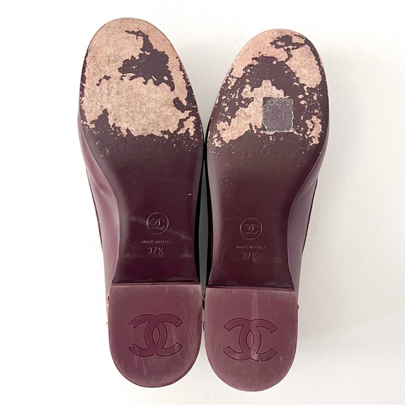 CHANEL | CC Interlocking Logo Gold Chain Burgundy Leather Loafers Moccasin 37.5 - Picture 14 of 16